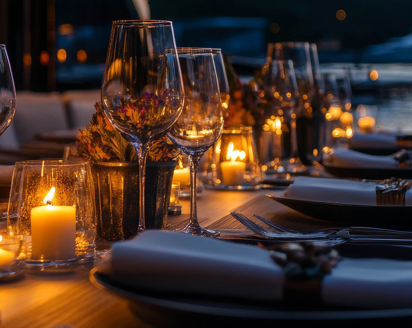 Ein elegant gedeckter Tisch auf einem Boot, beleuchtet von Kerzen. Auf dem Tisch stehen Weingläser, Teller und Stoffservietten. Im Hintergrund ist ein Gewässer und ein bewölkter Abendhimmel zu sehen.