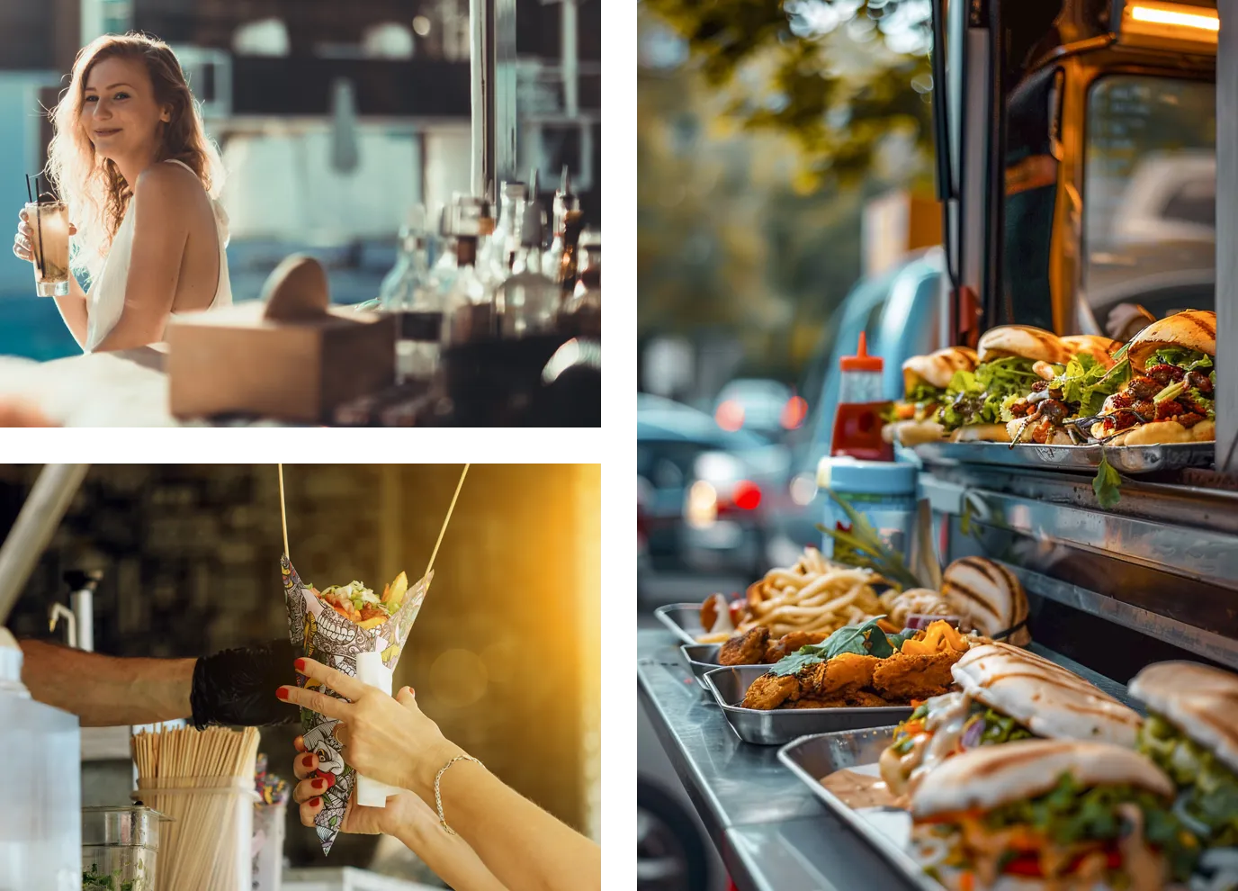Ein Bild zeigt drei Szenen: Oben links eine Frau mit Getränk an einer Theke, unten links eine Hand, die Essen in einem Tütenhalter anreicht, und rechts verschiedene Gerichte auf Tabletts vor einem Foodtruck.