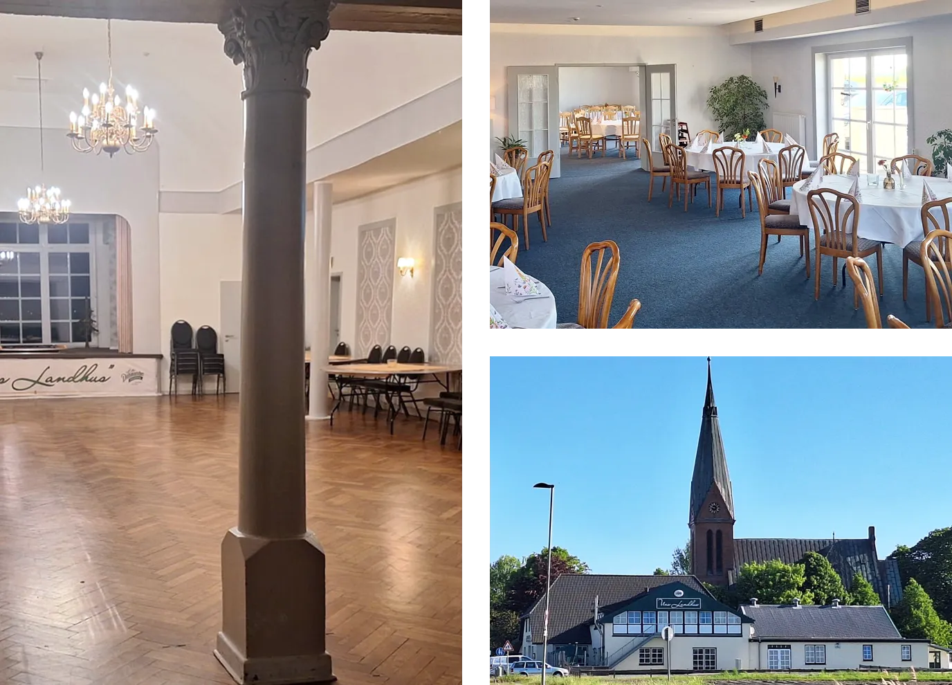 Links ein großer, leerer Saal mit Säule und Kronleuchter. Oben rechts ein Saal mit gedeckten Tischen. Unten rechts ein Gebäude mit "Landliebe"-Schriftzug und im Hintergrund eine Kirche mit spitzem Turm.