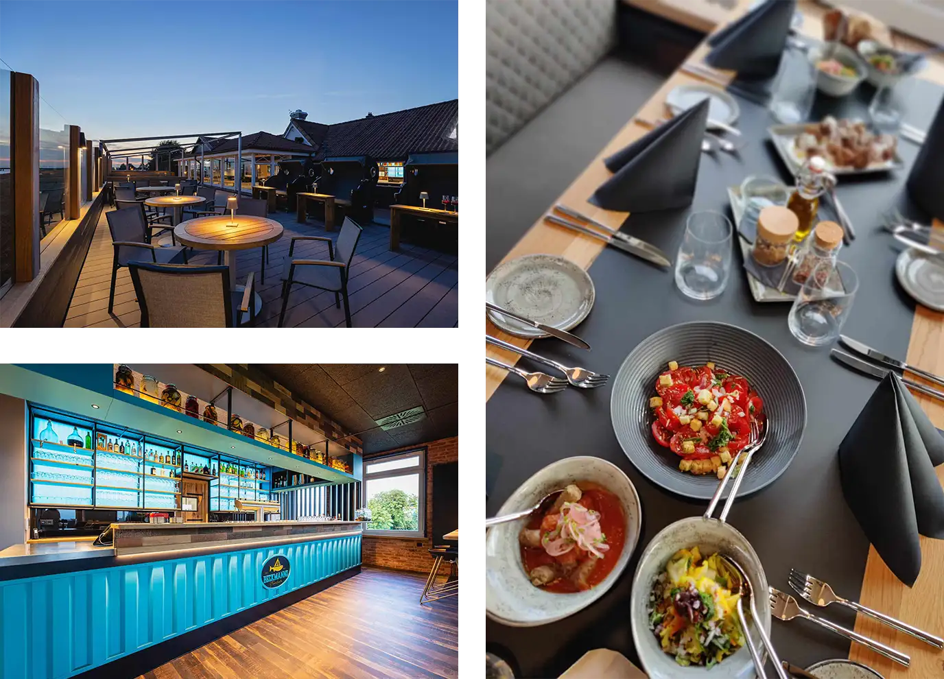 Beckmanns Event Restaurants Strandhalle 15 Oben links: Eine Dachterrasse bei Sonnenuntergang mit Tischen und Stühlen. Unten links: Eine Bar mit blauer Verkleidung und Flaschenregal. Rechts: Ein gedeckter Tisch mit Tellern, Besteck und Speisen in Schüsseln.