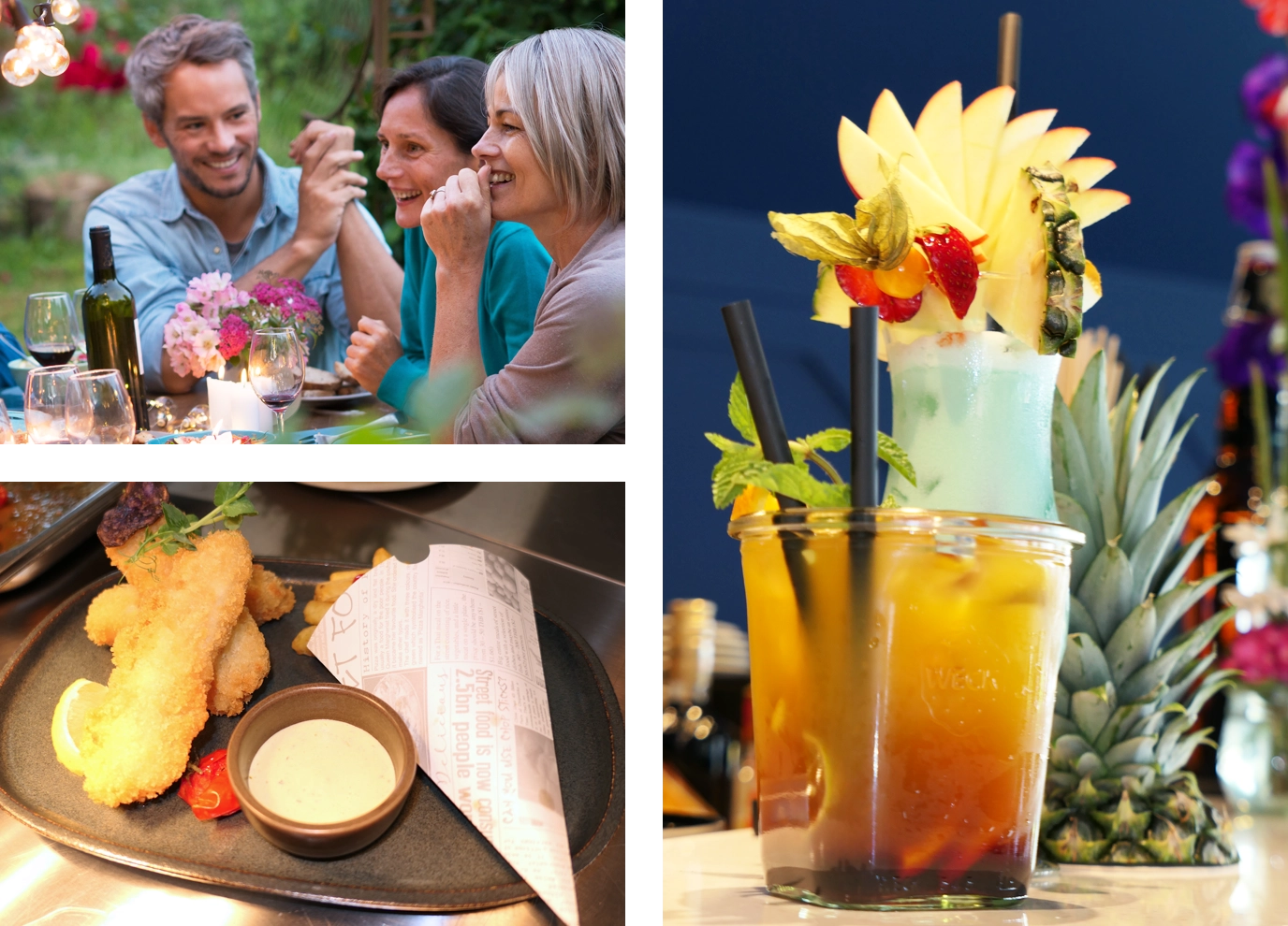 Collage: Oben links drei Menschen, die im Freien lachen und Getränke genießen. Unten links ein Teller mit paniertem Schnitzel und Dip. Rechts zwei bunte Cocktails mit Dekoration in hohen Gläsern.