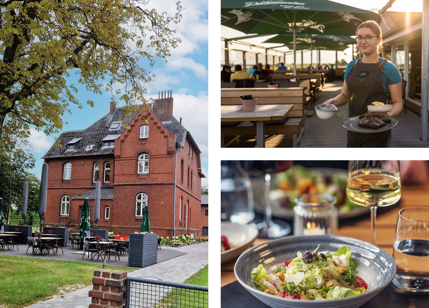 Beckmanns Event Ueber Uns Collage 2 Ein rotes Backsteingebäude mit Terrasse, daneben zwei Bilder: Eine Person serviert Essen auf einer Terrasse mit Sonnenschirmen; davor ein Teller Salat, ein Glas Wein und unscharfe weitere Gerichte im Hintergrund.